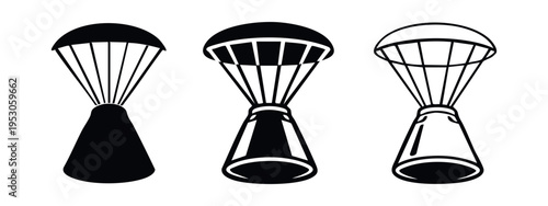 Space Capsule with Parachute Icon Set. Re-entry and Cargo Delivery Vehicle Symbols.
