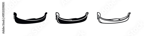 Gondola Icons Set. Flat, Silhouette, and Outline Styles for Venetian Boat Symbols.