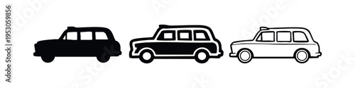Classic Taxi Cab Icons Set. Flat, Silhouette, and Outline Styles for Vintage Car Symbols.
