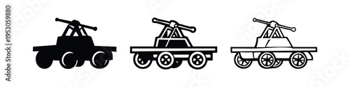 Train Handcar Icons Set. Flat, Silhouette, and Outline Styles for Railroad Maintenance Vehicles.
