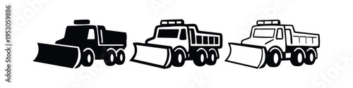 Snowplow Dump Truck Icon Set. Heavy Construction and Winter Road Maintenance Vehicle Symbols.
