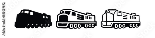 Freight Diesel Locomotive Icons Set. Flat, Silhouette, and Outline Styles for Heavy Rail Engines.