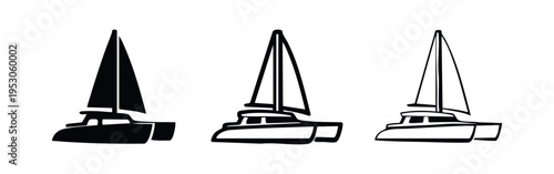 Catamaran sailboat icon set in solid, filled outline, and outline styles, representing sailing and yachting.