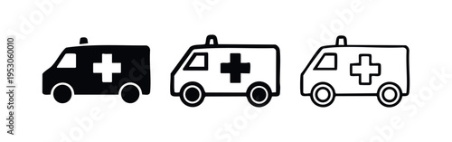 Ambulance emergency vehicle icon set in hand drawn style, simple medical transport and rescue symbols.