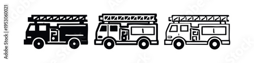 Fire truck or fire engine icon set in hand drawn style, collection of simple emergency rescue vehicle symbols with ladder.