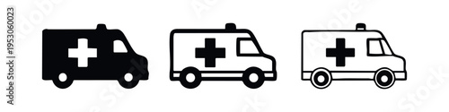 Ambulance emergency vehicle icon set with hand drawn feel, essential medical transport and urgent care symbols.