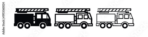 Heavy duty fire truck icon set in hand drawn style, featuring fire engines with ladders for industrial firefighting.