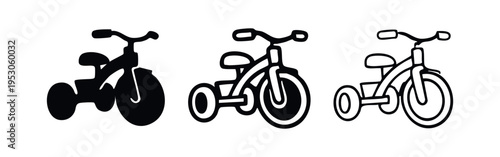 Kids Tricycle Icon Set with Solid, Outlined, and Sketch Styles