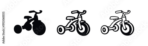 Tricycle kids bike icon set in hand drawn style, simple children's three-wheeled bicycle symbols for play and learning.