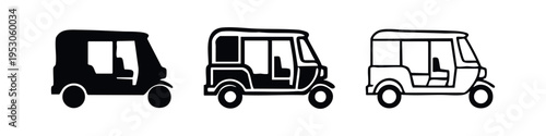Tuk Tuk Auto Rickshaw Icon Set with Solid, Outlined, and Sketch Styles