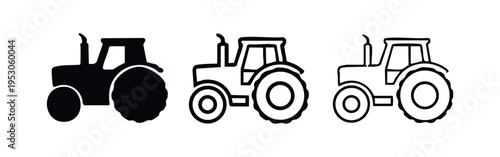 Farm Tractor Vehicle Icon Set with Solid, Outlined, and Sketch Styles
