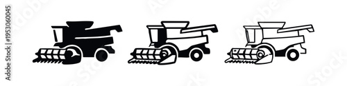 Harvesting Combine Machine Icon Set with Solid, Outlined, and Sketch Styles
