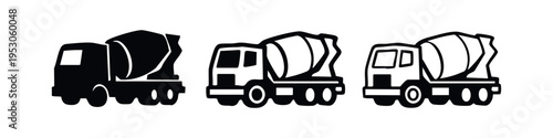 Concrete mixer truck icons set. Cement mixer vehicle symbols. Building construction machinery.