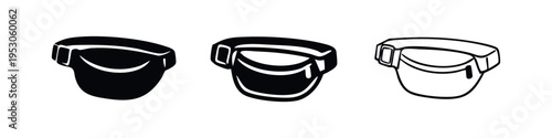 Fanny pack icons set. Waist bag symbols. Fashion accessory and travel essentials.