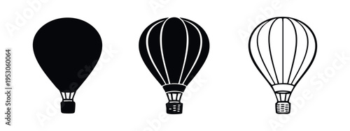 Elongated hot air balloon icon set in solid, outline, and thin line styles, isolated on white background.