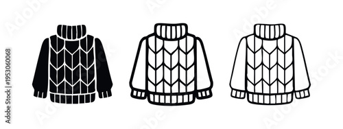 Turtleneck sweater icon set with zig-zag pattern in solid, outline, and thin line styles, isolated on white.