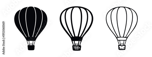 Hot air balloon icon set in solid, outline, and thin line styles, isolated on white background.