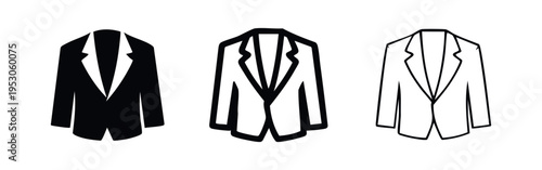 Men's suit jacket icon set in solid, outline, and thin line styles, isolated on white background.