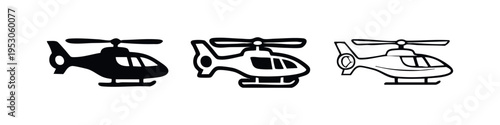 Helicopter icon set in solid, outline, and thin line styles, isolated on white background.