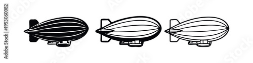 Dirigible blimp icon set with propeller and cabin in solid, outline, and thin line styles, isolated on white.