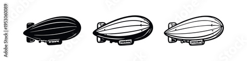 Blimp Zeppelin Airship Icon Set. Vintage Dirigible Aircraft Vector Illustration. Hot Air Balloon Symbol Collection.