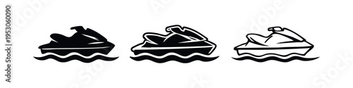 Jet Ski Personal Watercraft Icon Set on Waves. Summer Water Sport Vector Illustration. PWC Aquatic Recreation Symbol.