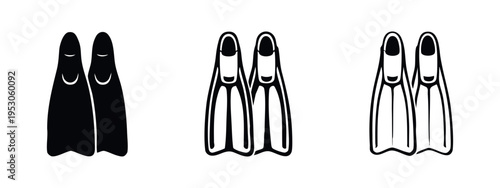 Long Swimming Fins Flippers Icon Set. Scuba Diving Equipment Vector Illustration. Freediving Gear Symbol Collection.