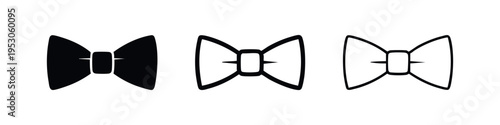 Classic bow tie icon set in solid, outline, and thin line styles, isolated on white background.