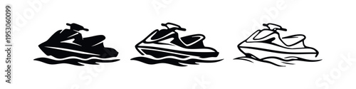 Jet Ski with Rider Personal Watercraft Icon Set. Dynamic Water Sport Vector Illustration. PWC Adventure Symbol.