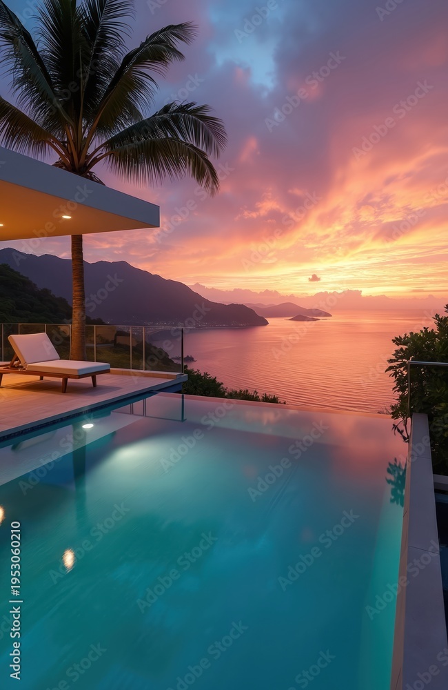 Fototapeta premium Luxury villa with pool overlooks ocean at sunset. Infinity pool reflects colorful sky. Palm tree and deck with lounge chair complete serene view.