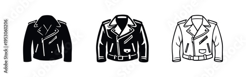 Stylish Biker Leather Jacket Icons. Black and White Vector Symbols of a Motorcycle Rider's Attire.
