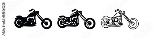 Classic Motorcycle Icons. Black and White Vector Symbols of a Cruiser Motorbike.