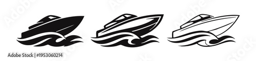 Speedboat on Waves Icons Set - Black and White Vector Illustration of Nautical Vessel