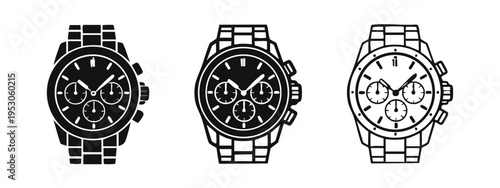Luxury Chronograph Watch Icons Set - Black and White Vector Illustration of Timepiece