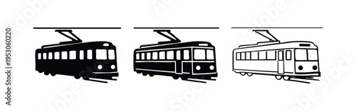 Vintage Tram or Streetcar Icons Set - Black and White Vector Illustration of Public Transport