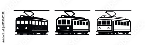 Vintage Tram or Streetcar Icons Set - Front View Black and White Vector Illustration