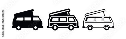 Camper Van with Pop-Up Roof Icon Set. RV Motorhome Vector Illustration for Travel and Outdoor Concepts