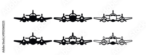 Propeller Airplane Icons Set - Front View Black and White Vector Illustration of Aircraft