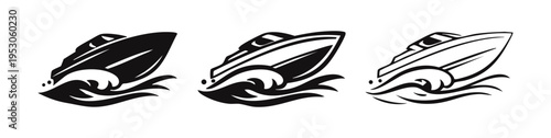 Motorboat with Waves Icons Set - Black and White Vector Graphic of Watercraft