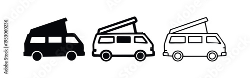 Camper Van with Pop-Up Roof Icon Set. RV Motorhome Vector Illustration for Travel and Outdoor Concepts