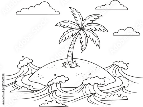 A black and white illustration of a palm tree on a small island isolated on transparent background
