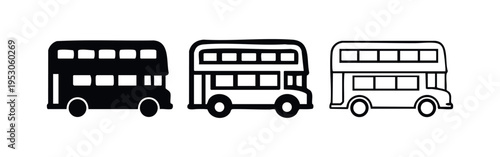 Double Decker Bus Icon Set. Classic London public transport vector illustration in solid and outline styles.
