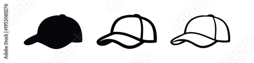 Baseball Cap Icon Set. Sporty headwear vector illustration in solid and outline styles.