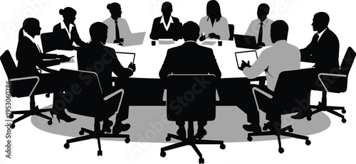 Business meeting group silhouette, corporate teamwork at round table vector illustration, office collaboration scene, professional board discussion sign