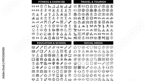 Comprehensive set of 200 black outline vector icons covering fitness, travel, education, and social media themes, ideal for web, app, and marketing design.