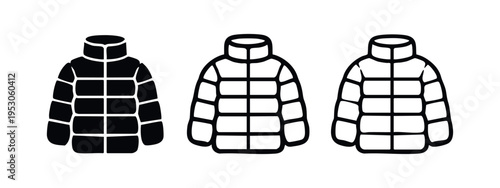 Puffer jacket icon set. Down jacket vector symbol. Winter coat sign illustration. Warm clothing pictogram.