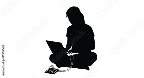 Vector silhouette of woman sitting with laptop and phone