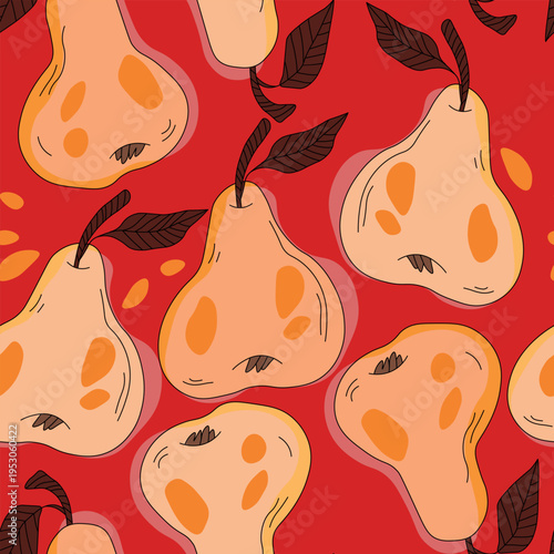 Seamless pattern with pear on color background. Natural delicious fresh ripe tasty fruit. Sweet pears with leaves. Food concept. Vector illustration for print, fabric, textile.