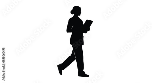 Silhouette of a female doctor walking while holding a clipboard isolated on white