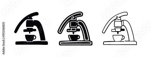 Lever Espresso Coffee Machine Icons, Classic Manual Coffee Maker Symbol, Professional Barista Brewing Equipment